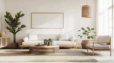 İskandinav tarzı oturma odası. İçi ahşap mobilya ve doğal aydınlatma ile dolu.