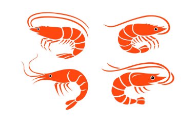 Deniz Ürünleri Logosu İçin Basit Grafik Tasarımlı Dört Şekil Kırmızı Karides Simgesinin Düz Vektör Çizimi