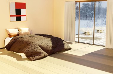 Yatak odasının içinde yatak başlığında bir resim ve dış tarafında karlı bir manzara var. İç dizayn. 3d illüstrasyon.