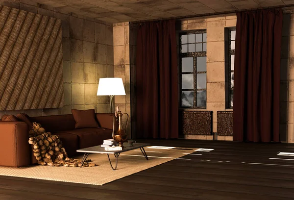거실은 베이지 과짙은 갈색이며 눈덮인 풍경에는 인테리어 디자인 — 스톡 사진