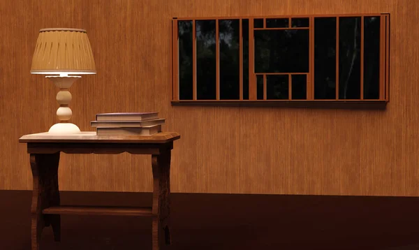 Kosmetiklampe Und Bücher Auf Altem Holztisch Mit Gemütlichem Strukturiertem Holzwandhintergrund — Stockfoto