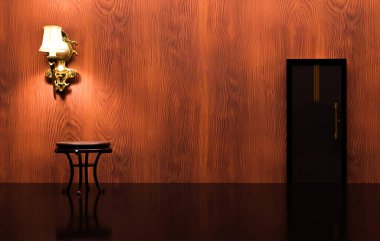 Lüks iç tasarım, ahşap arka duvar, koyu bej mermer döşeme ve dekoratif yan masa. Lüks mimari iç mimari konsept. 3d illüstrasyon