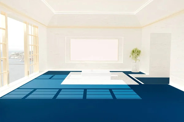 Luxuriöses Interieur Wohnzimmer Mit Viel Platz Wandrahmen Dunklem Aqua Boden — Stockfoto