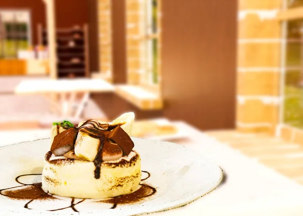 Bir pastanenin arka planında lezzetli çikolata, vanilyalı ve kremalı kek. Gastronomi ve pasta. 3d hazırlayıcı.