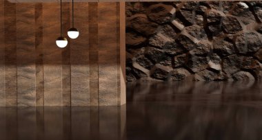 Oturma odasının içinde taş duvarlar ve sahne ışıkları var. İç dizayn. 3d illüstrasyon.