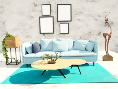 Oturma odasının içi parlak renklerle, resim ve heykellerin dekorasyonuyla yenilikçi bir tarzda. Renkli ve yenilikçi iç tasarım. 3d illüstrasyon.