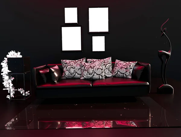 Avant-garde tarzı oturma odası koyu renkler ve neon mor parıltı, resim ve heykellerin dekorasyonu. Avangard iç tasarım. 3d illüstrasyon