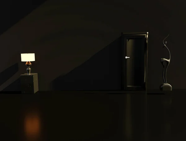 豪華なインテリアデザイン 暗い壁と床 装飾彫刻や装飾的な部屋のランプ 高級インテリアデザイン 3Dイラスト — ストック写真