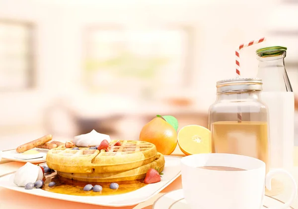 Lezzetli kahvaltı, sıcak kek, çikolatalı milkshake, yumurta ve portakal yemek odasında servis ediliyor. Gastronomi. 3d illüstrasyon.