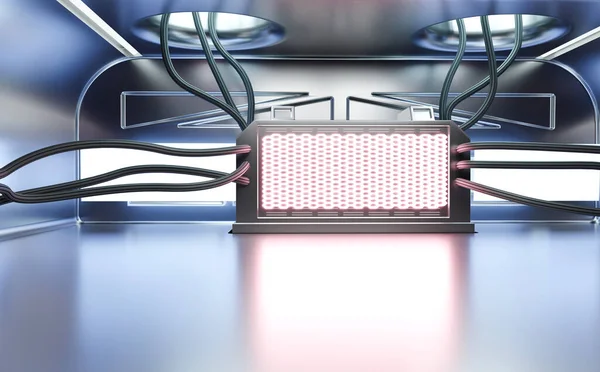 Açık metal duvarları ve zemini, neon mavisi ve mavi renkleri, ısı delikleri ve kabloları olan bilim kurgu garajı. Gelecekçi mimari altyapılar. 3d hazırlayıcı.