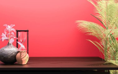 Ahşap raflı ve dekoratif elementli Magenta duvar panelleri. Tasarım ve iç dekorasyon. 3d hazırlayıcı.