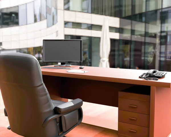 Binaları gören bir ofis masası. İş ve iş, 3D görüntüleme.