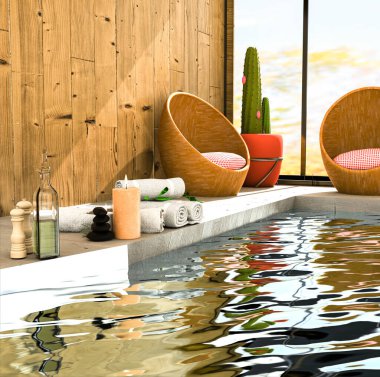 Spa merkezi, havuz, havlular, yağ masajı, aromatik mumlar. Sıhhat ve sağlık 3D görüntüleme
