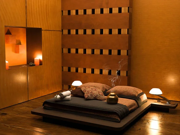Spa room interior. massage bed, candles, incense. Wellness and health 3d rendering