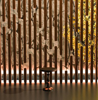 Ortasında ahşap dekoratif küçük masa ve taş duvar arkaplanı olan lüks koridor koridoru. Tasarım ve iç dekorasyon. 3d oluşturma.