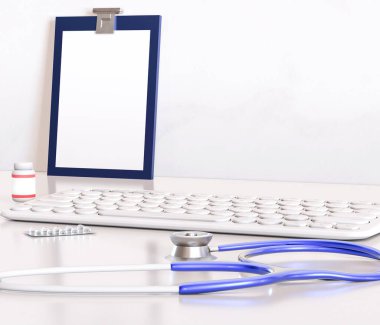 Medical concept with stethoscope, medicine bottle, medical report clipboard and copy space. Medicine and health care. 3d render.