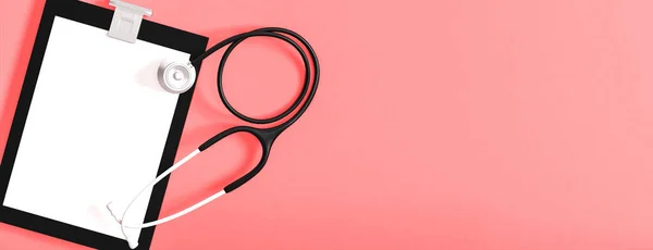 Medical clipboard and stethoscope on a pink background. Concept of medical care, diagnosis, healthcare, treatment, etc. For banners, announcements, advertising. Copy space. 3d rendering.