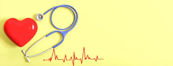 Heart and stethoscope on a yellow background with heart lines. Concept of healthcare, diagnosis, health care, treatment, etc. For banners, advertising. Top view and copy space. 3d rendering