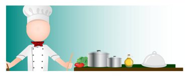 Chef with food bar and utensils. Gastronomy. Vector illustration.
