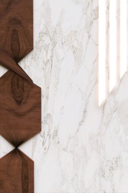 Vertical design of a marble background with a stylized print of dark wood and luminous lines at one end. 3d render.