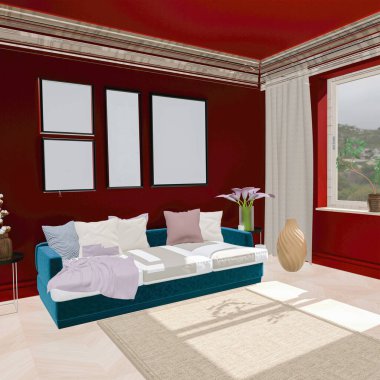 Deluxe classic style living room interior upholstered with red velvet, large sofa, ceramic, plants and decorative painting. Interior design and decorative art. 3d rendering.