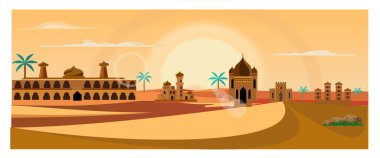 Middle Eastern city under the intense midday sun. Arabian desert landscape with traditional brick and stone buildings. Islamic architecture. vector illustration
