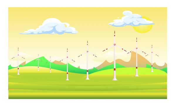 Reihen Von Windrädern Auf Freiem Feld Saubere Und Erneuerbare Energien — Stockvektor