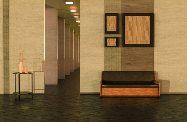 Σαλόνι Εσωτερικό Διάδρομο Ουδέτερους Τόνους Διακοσμητικά Κεραμικά Ρουστίκ Καναπέ Φώτα — Φωτογραφία Αρχείου