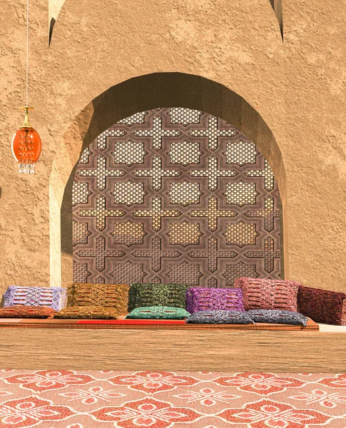 Marokkói Stílusú Belsőépítészet Színes Párnákkal Arab Motívumokkal Ázsiai Dekorációval Iszlám — Stock Fotó