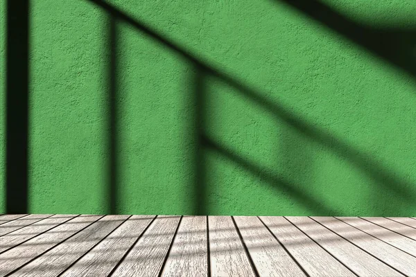 Ahşap kalasların içi boş ve kiaroscuro yansımalı yeşil beton alçı. İç mekanlar. 3d oluşturma.