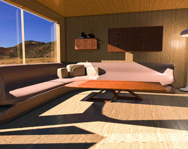 석양에 보이는 통나무집 내부의 거실이다 디자인 렌더링 — 스톡 사진
