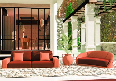 Modern bir mermer ve taştan bir ev. Açık bir oturma odası, süsleme sütunları ve dekoratif bahçesi var. Dış tasarım ve dış dekorasyon. 3d oluşturma.