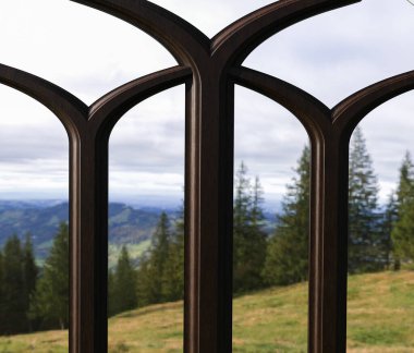 Tepeler ve çam ormanı manzaralı kırsal tarzda pencere çerçevesi. 3d oluşturma.