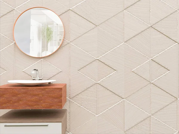 Yuvarlak aynalı mermer ve ahşap makyaj tezgahı ve açık bej ahşap tasarımcı duvarı. Modern lüks banyo. Banyo ürünleri sergisi için arka plan. 3d hazırlayıcı.