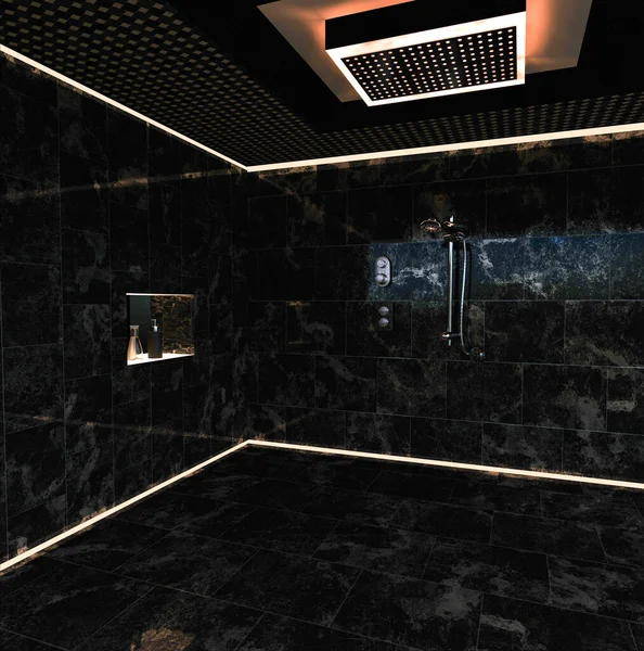Duş başlığı, sıcak ışık ve mum ışığıyla kaplı siyah mermer kaplama lüks duş terası. Banyo ürünleri sergisi için arka plan. Tasarım ve iç dekorasyon. 3d hazırlayıcı