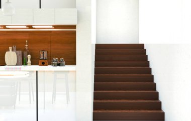 Lüks mermer, ahşap yemek masası, merdivenler, mutfak tezgahı mutfak malzemeleri ve ürünlerin sergilendiği mutfak tezgahı. Tasarım ve iç dekorasyon. 3d oluşturma