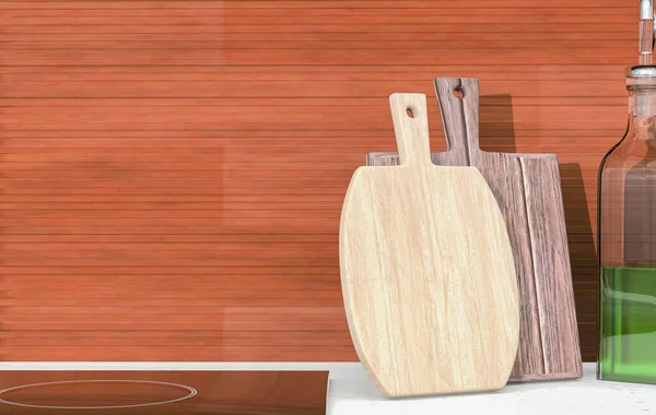 Beyaz mermer ve ahşap mutfak tezgahı, tahta çatal bıçakları ve fotokopi alanı olan bir şişe yemek yağı. Yemek, yiyecek, içecek ve ürünlerin sergilenmesi için fon. 3d hazırlayıcı.