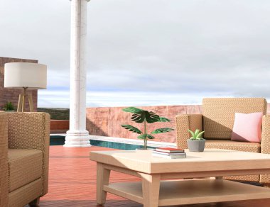 Modern lüks konutun verandasında mermer pergola ile küçük bir oturma odası. Dış tasarım ve dekorasyon. 3d hazırlayıcı.