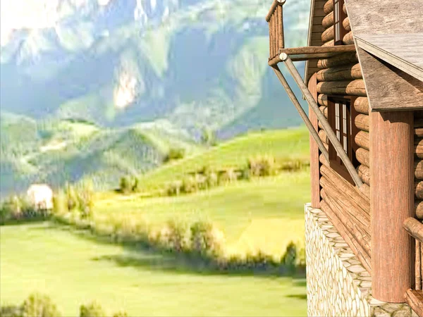 Side view of a cozy cabin with a landscape background of mountains and green hills. Rustic architecture. Country design. 3d rendering.