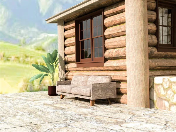 Side exterior view of cabin with rustic patio sofa with decorative plant and view of the mountains. Exterior design and decoration. 3d rendering.