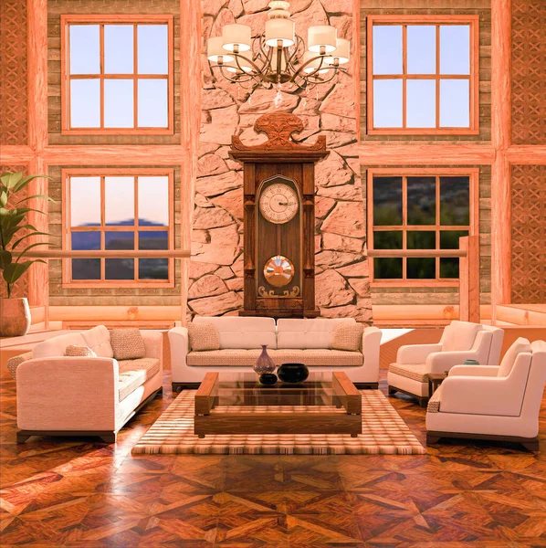 Luxury cabin living room interior with ancient style wooden clock, ceiling lamp, sofas set, table with ceramics and the last light of the afternoon. Interior deign and interior decoration. 3d render.