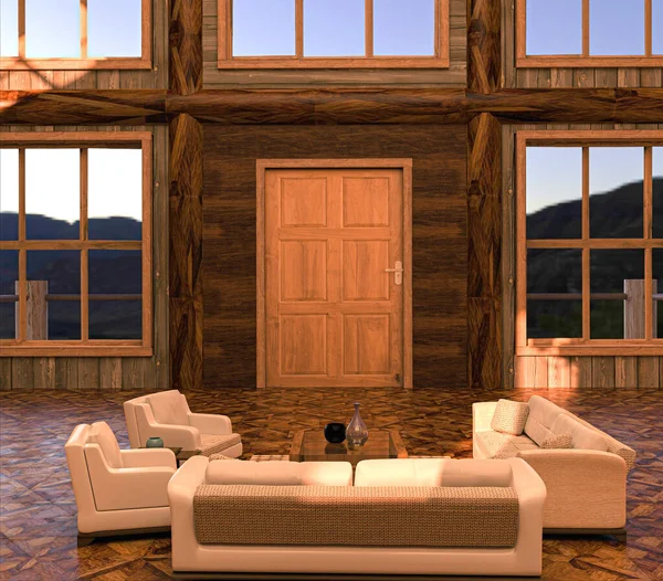 Luxe Hut Interieur Woonkamer Met Sofa Set Keramische Tafel Afgelopen — Stockfoto