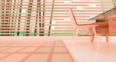 Ahşap çalışma masası, ahşap döşeme ve modern ahşap duvar süslemesi. Tasarım ve iç dekorasyon. Ürün gösterimi için arka plan. 3d oluşturma