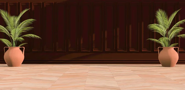 갈색의 전형적 벽에는 단풍나무 바닥이 양쪽에 장식용 고사리 냄비가 디자인 — 스톡 사진