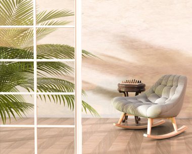 Sallanan sandalyeli küçük bir oda, bej beton bir duvar, dekoratif bir masada satranç tahtası, büyük pencereler, eğrelti otu ağacı ve güneş ışığı yansımaları. İç tasarım ve dekorasyon. 3d oluşturma