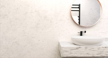 Modern çatı katı beyaz mermer ve beton makyaj tezgahı, seramik lavabo, dairesel ayna, siyah çelik havlu rafı ve cilalı beton duvar banyosu. Banyo ve vücut hijyen ürünleri sergisi için fon. 3d hazırlayıcı.