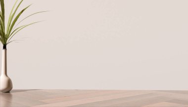 Ahşap parke zeminli beyaz deri duvar modeli, köşede dekoratif bir saksı ve fotokopi alanı. Çeşitli ev ürünlerinin sergilenmesi için arka plan. 3d hazırlayıcı