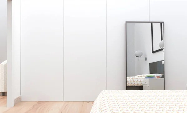 Posterrahmen Attrappe Innenraum Mit Minimalistischer Schlafzimmerdekoration Innenarchitektur Und Dekoration Darstellung — Stockfoto
