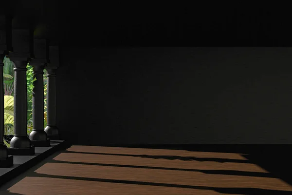 Κενό Εσωτερικό Δωμάτιο Κλασική Τοξωτή Είσοδο Ξύλινο Δάπεδο Σκιές Και — Φωτογραφία Αρχείου