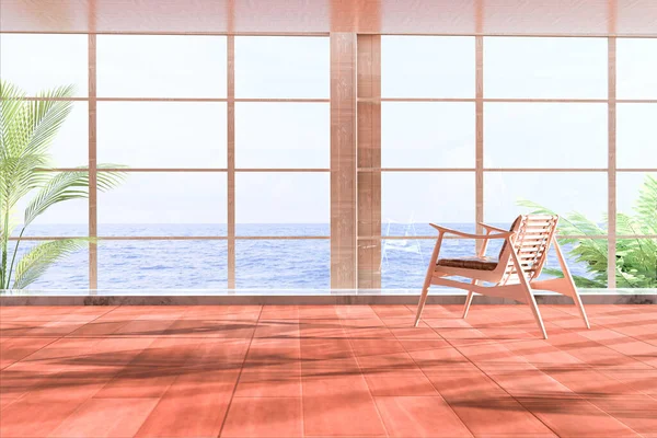 View of the sea from the interior room of the terrace of a beach house with large windows. Interior design. 3d rendering.